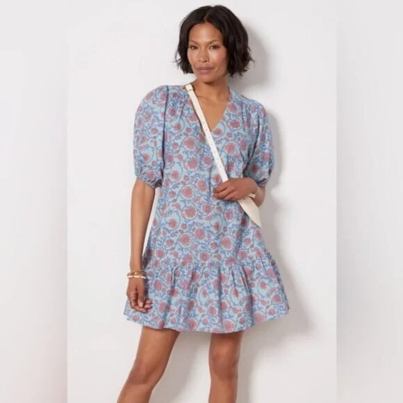 Sundry Evereve All Day Mini Dress V Neck Tiered Puff Sleeve Blue Floral Size 1 - Picture 1 of 7
